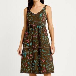 Tiered Dress 100% Cotton Babydoll Empire Yoke Boho Botanical Brown Teal Pink XL